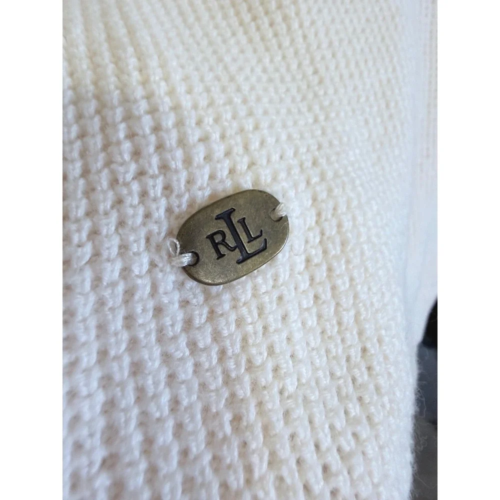 Lauren Ralph Lauren Cream Waffle Knit Cowl Neck Drawstring Cotton Sweater M Cozy